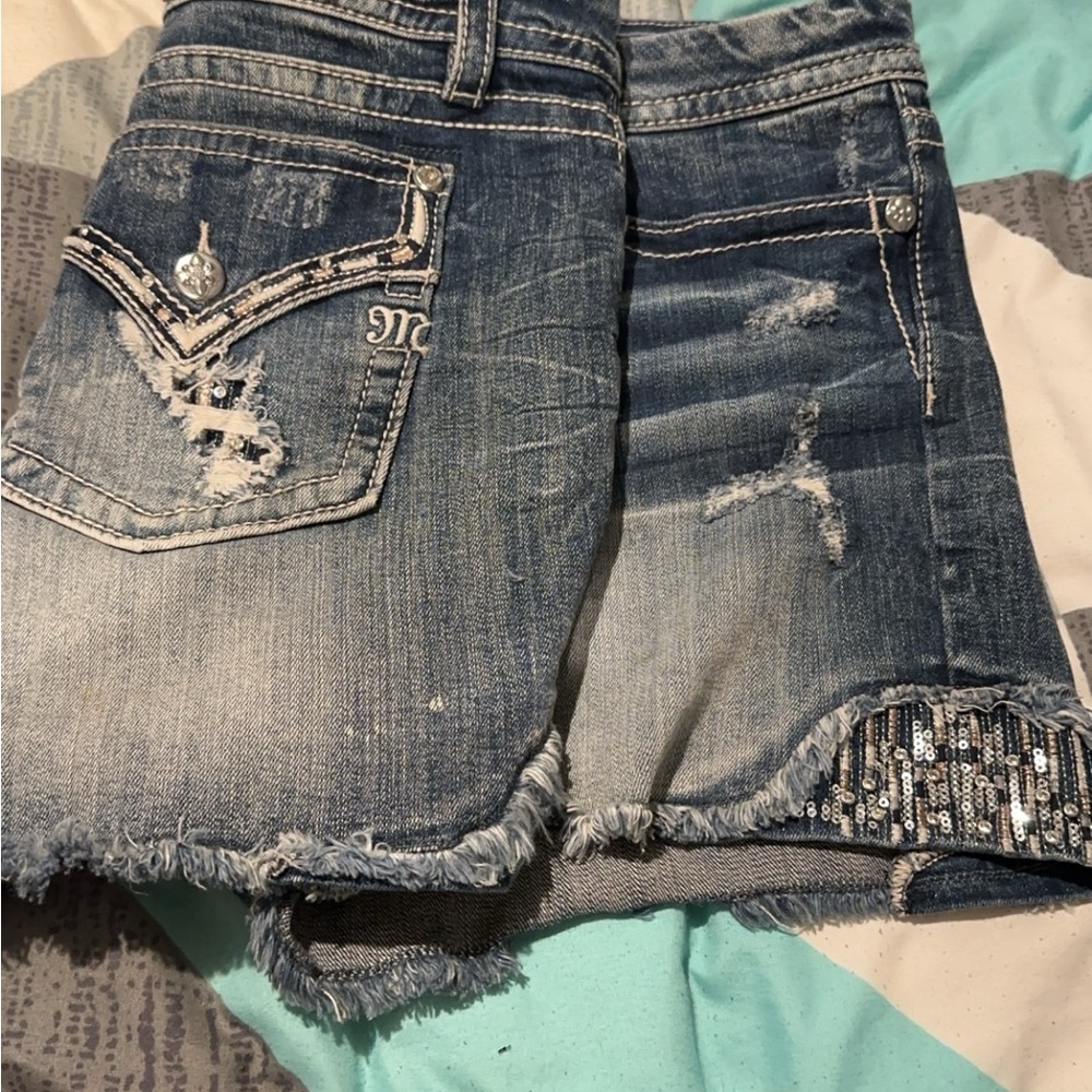 Distressed Denim Shorts with Sequin Detail